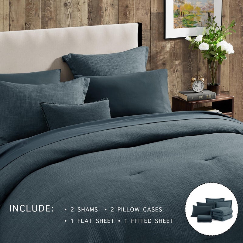 Geniospin King Size Comforter Set- 7 Piece Navy Blue Textured King Bedding Set, Soft Solid Bed in a Bag for All Season, King Comforter Set with Sheets(Navy Blue,102''x90'') - Image 4