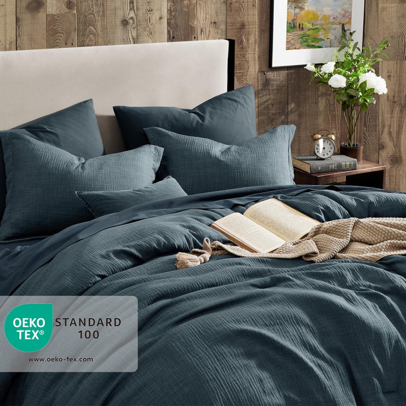 Geniospin King Size Comforter Set- 7 Piece Navy Blue Textured King Bedding Set, Soft Solid Bed in a Bag for All Season, King Comforter Set with Sheets(Navy Blue,102''x90'') - Image 2