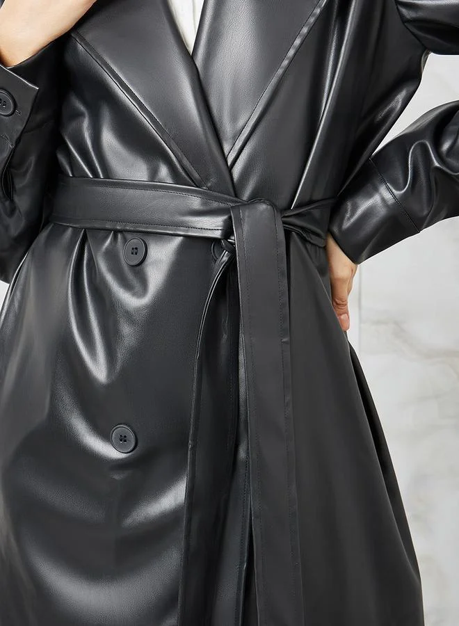 Styli Leather Look Belted Midi Trench Coat