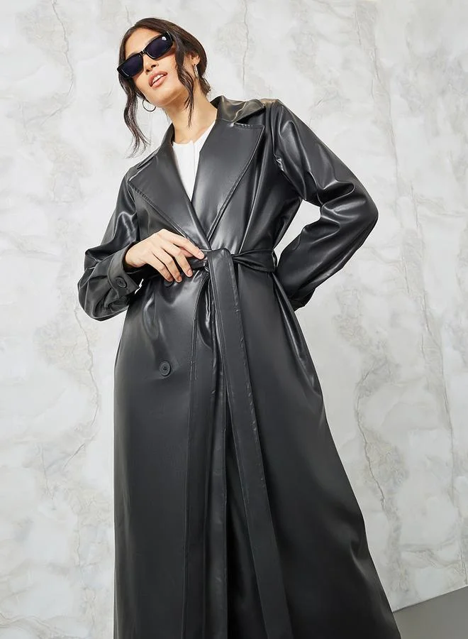 Styli Leather Look Belted Midi Trench Coat