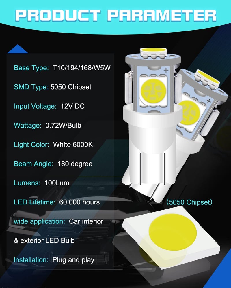 UNXMRFF 194 LED Bulb White 6000k, T10 LED Bulb Map lights, W5W 168 LED Bulb, 2825 Bulb 5050 Bright LED Chips 12V DC, 194 Replacement Bulbs for Car Dome Door Courtesy License Plate Lights, Pack of 10 - Image 3