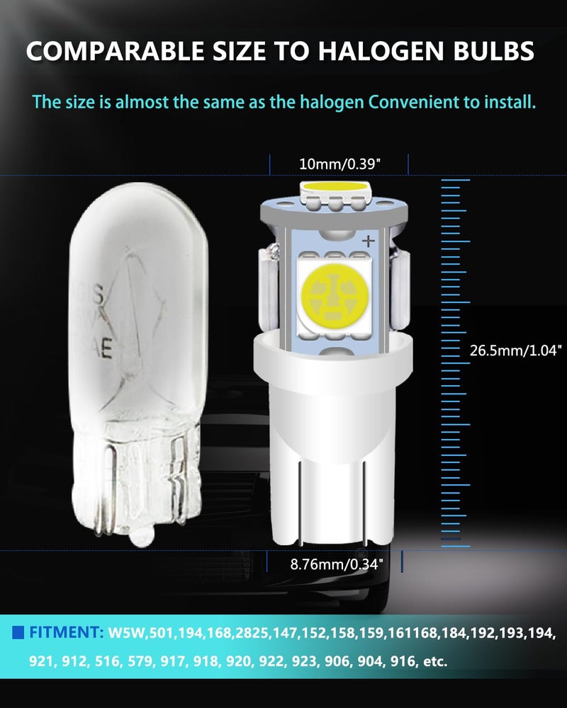 UNXMRFF 194 LED Bulb White 6000k, T10 LED Bulb Map lights, W5W 168 LED Bulb, 2825 Bulb 5050 Bright LED Chips 12V DC, 194 Replacement Bulbs for Car Dome Door Courtesy License Plate Lights, Pack of 10 - Image 2