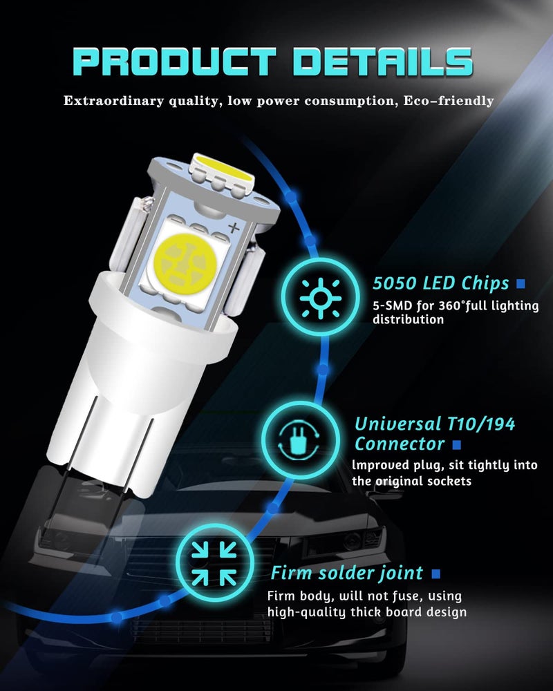 UNXMRFF 194 LED Bulb White 6000k, T10 LED Bulb Map lights, W5W 168 LED Bulb, 2825 Bulb 5050 Bright LED Chips 12V DC, 194 Replacement Bulbs for Car Dome Door Courtesy License Plate Lights, Pack of 10 - Image 4