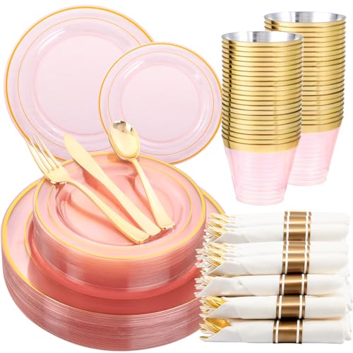 WELLIFE 210Pcs Clear-Pink Plastic Dinnerware- Pink and Gold Plastic Dinnerware include 30 Dinner Plates, 30 Dessert Plates, 90 Gold Silverware, 30 Cups and 30 Napkins Perfect for Parties - Image 1
