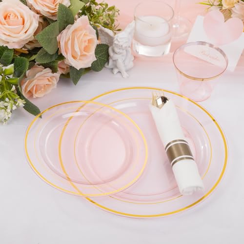 WELLIFE 210Pcs Clear-Pink Plastic Dinnerware- Pink and Gold Plastic Dinnerware include 30 Dinner Plates, 30 Dessert Plates, 90 Gold Silverware, 30 Cups and 30 Napkins Perfect for Parties - Image 4