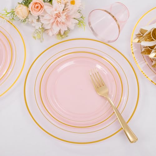 WELLIFE 210Pcs Clear-Pink Plastic Dinnerware- Pink and Gold Plastic Dinnerware include 30 Dinner Plates, 30 Dessert Plates, 90 Gold Silverware, 30 Cups and 30 Napkins Perfect for Parties - Image 5