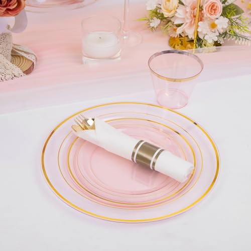 WELLIFE 210Pcs Clear-Pink Plastic Dinnerware- Pink and Gold Plastic Dinnerware include 30 Dinner Plates, 30 Dessert Plates, 90 Gold Silverware, 30 Cups and 30 Napkins Perfect for Parties - Image 2