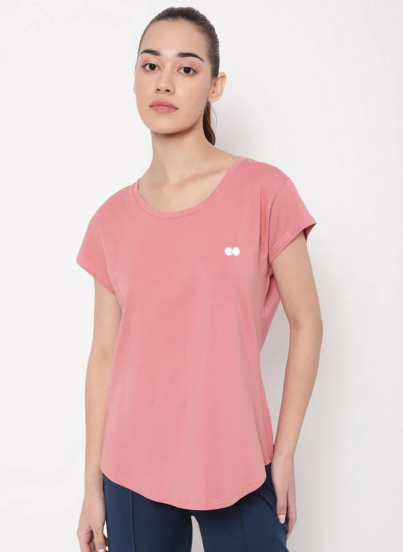 Clovia Clovia Comfort Fit Active T-shirt in Salmon Pink - Cotton