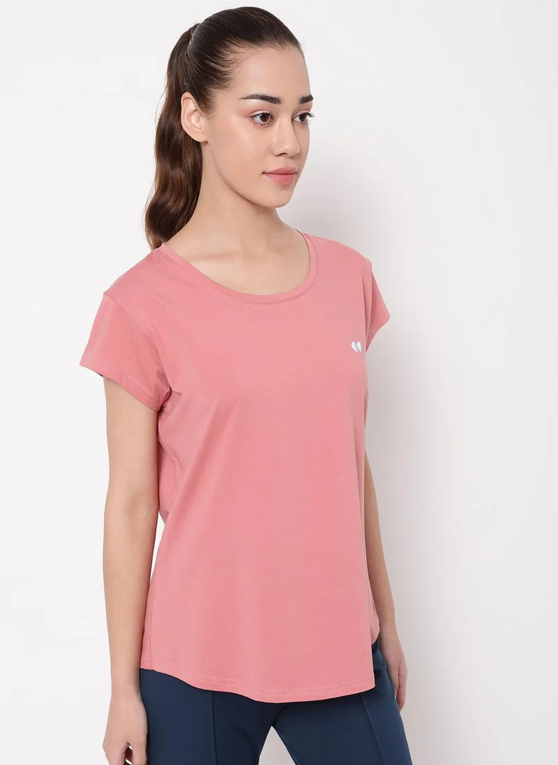 Clovia Clovia Comfort Fit Active T-shirt in Salmon Pink - Cotton