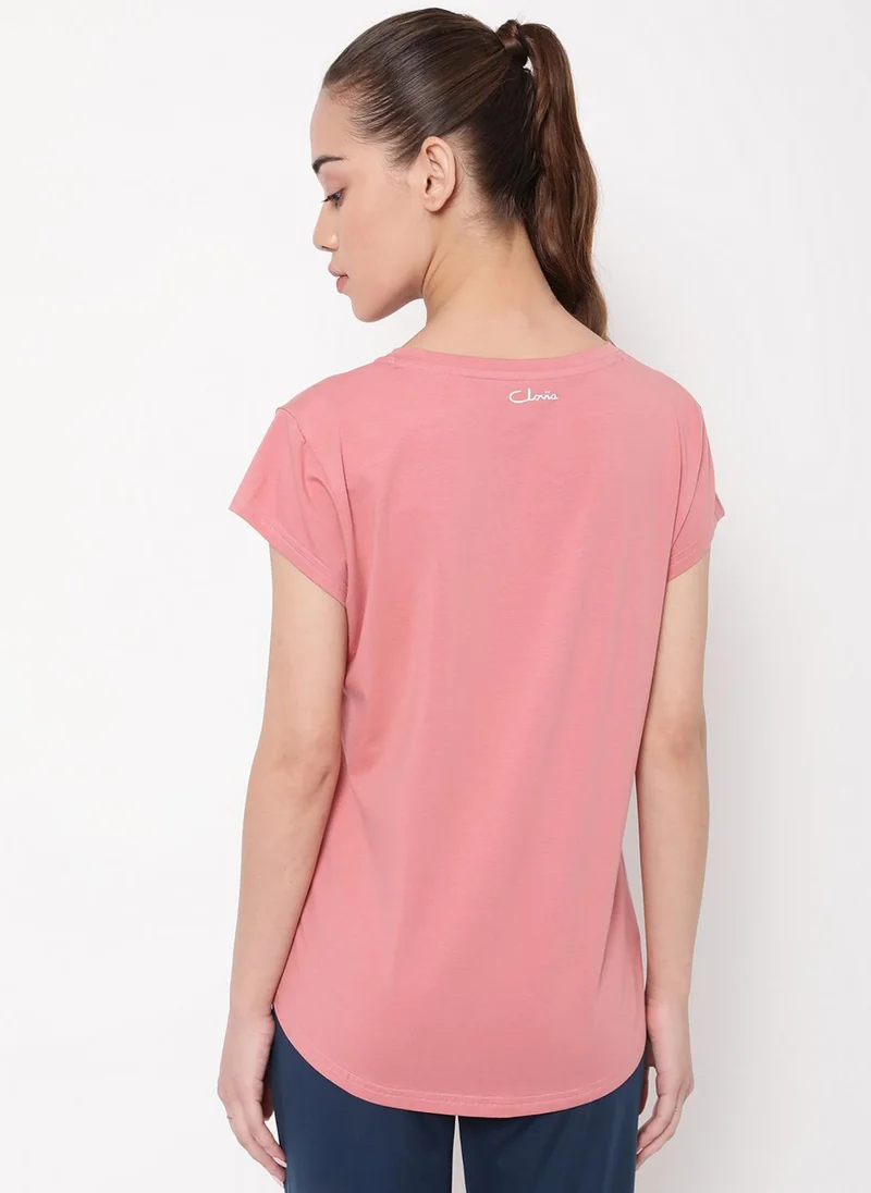 Clovia Clovia Comfort Fit Active T-shirt in Salmon Pink - Cotton