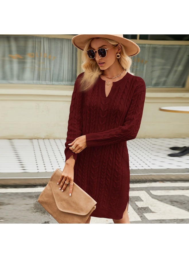 NIBEMINENT Women'S Fashion Mid-Length Loose V-Neck Long-Sleeved Solid Color Knitted Sweater Dress Vestidos De Mujer Elegantes Female Dress - Image 1