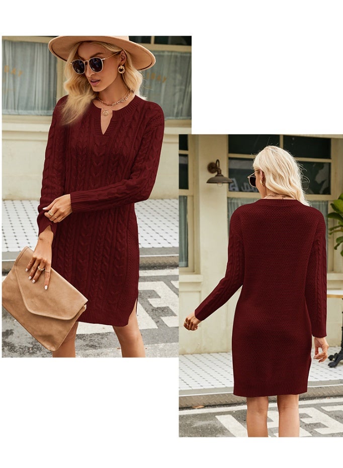 NIBEMINENT Women'S Fashion Mid-Length Loose V-Neck Long-Sleeved Solid Color Knitted Sweater Dress Vestidos De Mujer Elegantes Female Dress - Image 2