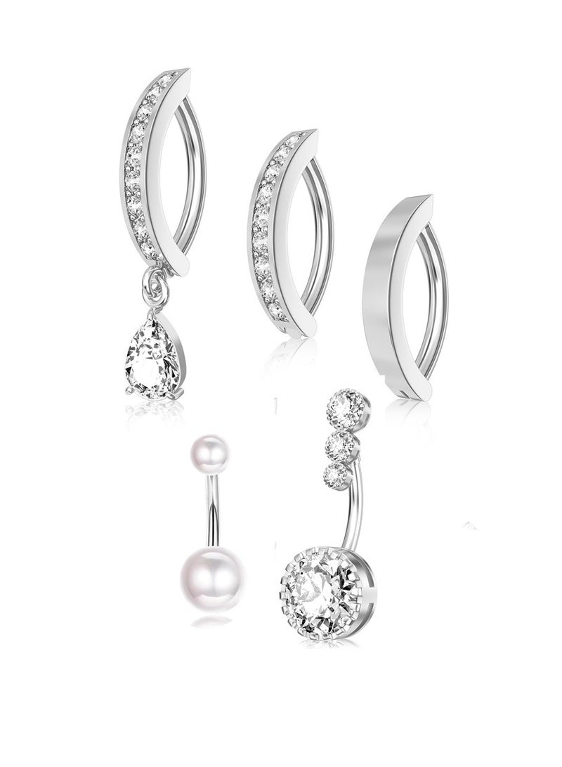 5pcs Silver Belly Ring Set Stainless Steel Water drop  Fashion Rhinestone studded Belly Piercing Button for Women holiday&dating & party & wedding  - Image 1