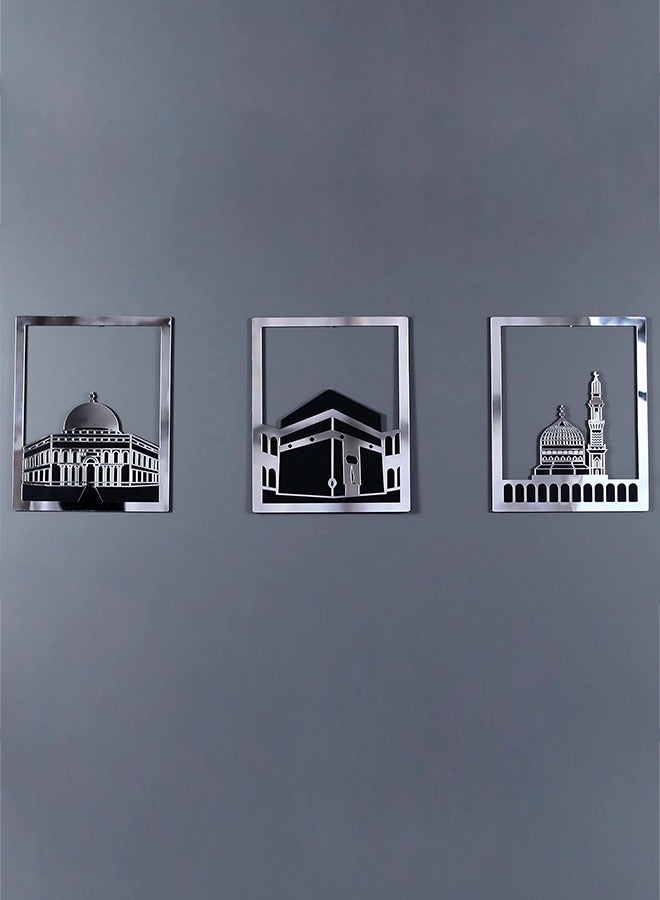 Eworld Elegant Silver Islamic Wall Art Set of Al Aqsa, Al-Haram and An-Nabawi Mosques, Wooden Acrylic Home Decor with Shiny Mirror Effect, Perfect for Ramadan, Stylish Decoration and Meaningful Muslim Gift. - Image 5
