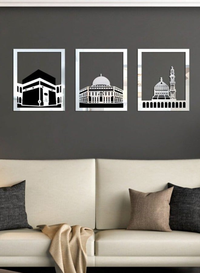 Eworld Elegant Silver Islamic Wall Art Set of Al Aqsa, Al-Haram and An-Nabawi Mosques, Wooden Acrylic Home Decor with Shiny Mirror Effect, Perfect for Ramadan, Stylish Decoration and Meaningful Muslim Gift. - Image 3
