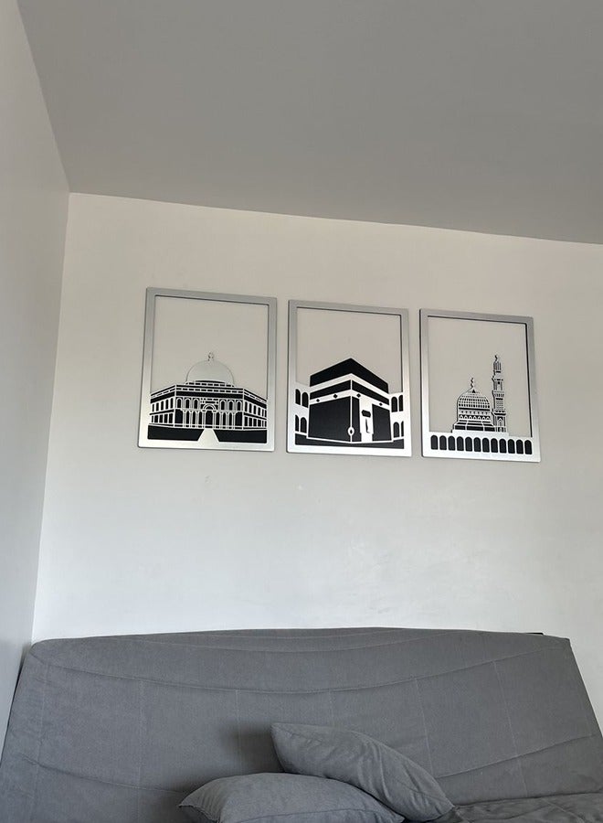 Eworld Elegant Silver Islamic Wall Art Set of Al Aqsa, Al-Haram and An-Nabawi Mosques, Wooden Acrylic Home Decor with Shiny Mirror Effect, Perfect for Ramadan, Stylish Decoration and Meaningful Muslim Gift. - Image 4