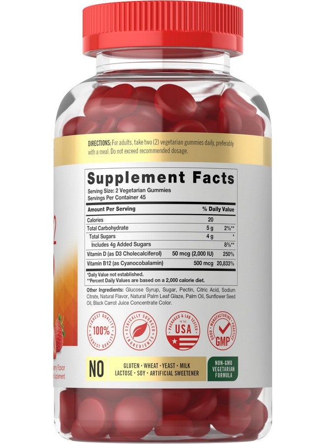 حلوى كارلايل بفيتامين د3 وفيتامين ب12 المركبة | 90 قطعة | تركيبة نباتية، خالية من الكائنات المعدلة وراثيًا، وخالية من الغلوتين | مكمل غذائي بنكهة الفراولة - Image 2