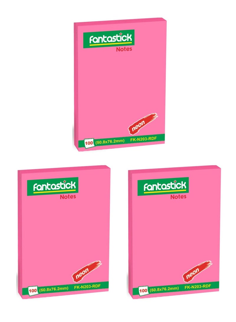 Fantastick 3-Piece Sticky Notes 2x3 Inch Size Neon Pink - Image 1