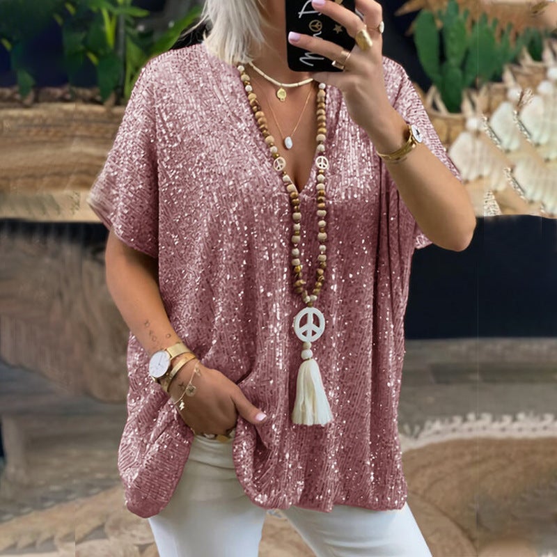 2025 New and Short-Sleeved Urban Casual Color Loose Pullover Sequined V Neck T-Shirt Tops for Women - Image 1