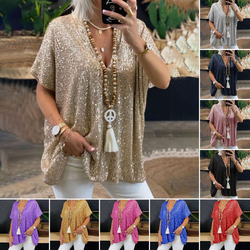 2025 New and Short-Sleeved Urban Casual Color Loose Pullover Sequined V Neck T-Shirt Tops for Women - Image 2