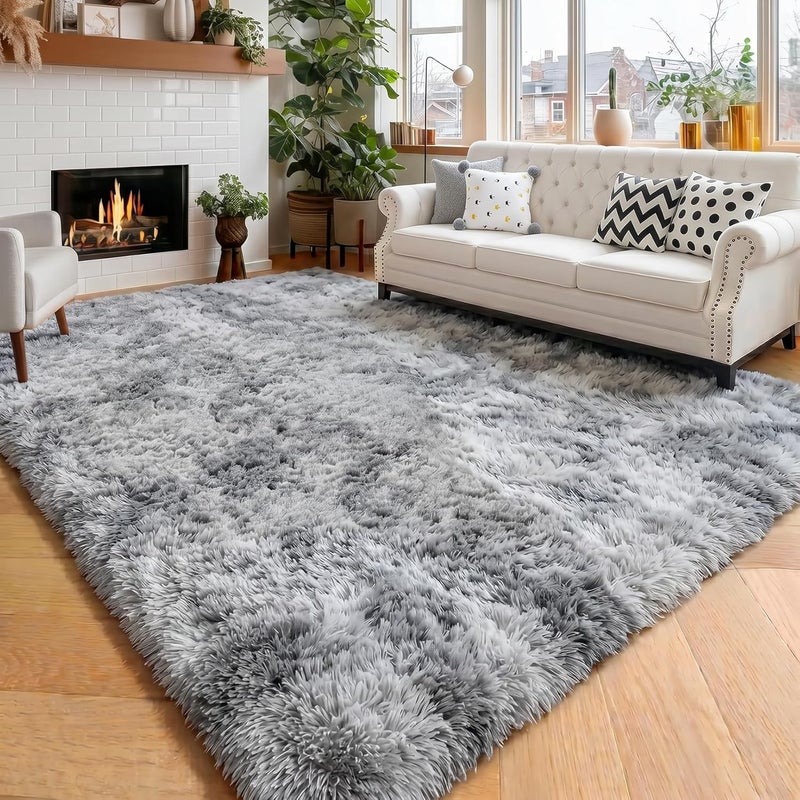 Amdrebio Tie-Dyed Light Grey Area Rugs for Bedroom, Fluffy Furry Rugs for Living Room, Modern Shag Throw Rug for Kids Room Decor, Shaggy Fuzzy Carpet, Indoor Plush Rug for Dorm Classroom, 4x6 Rug - Image 1