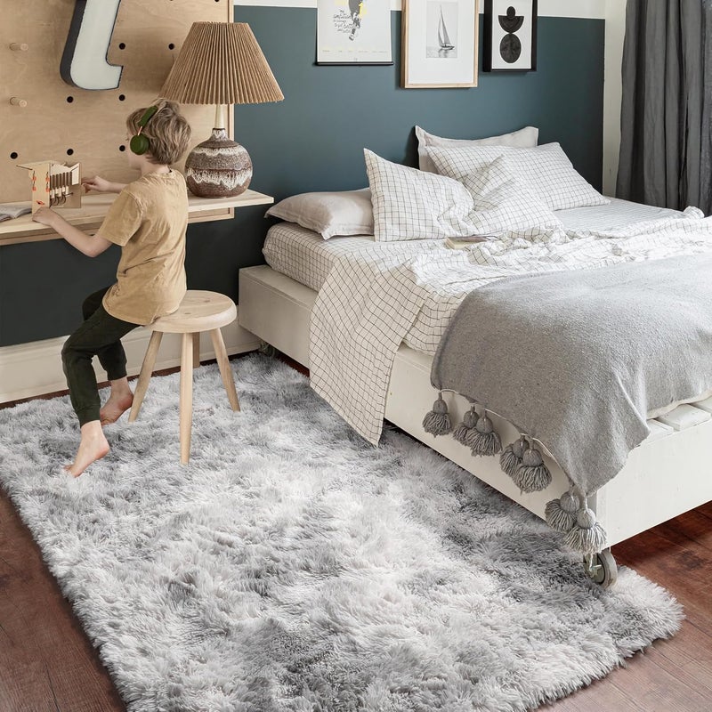 Amdrebio Tie-Dyed Light Grey Area Rugs for Bedroom, Fluffy Furry Rugs for Living Room, Modern Shag Throw Rug for Kids Room Decor, Shaggy Fuzzy Carpet, Indoor Plush Rug for Dorm Classroom, 4x6 Rug - Image 3