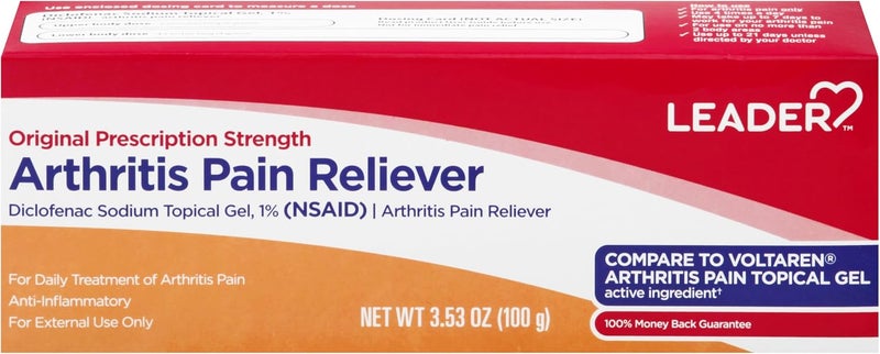 Leader Arthritis Pain Relief Gel, Original Prescription Strength, Diclofenac Sodium Topical Gel 1%, for Adults, Both Men & Women, and Children 12+, Compare to Voltaren, 3.53 Oz