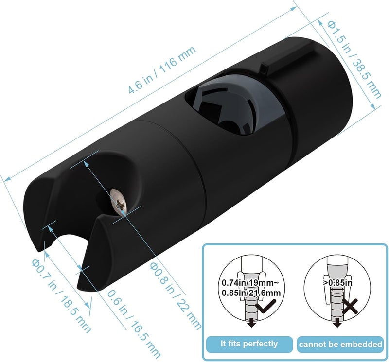 Offo Shower Head Holder for Slide Bar Adjustable 0.75-1.00 in(19-25mm) O.D, Adjustable Holder for Slide Bar Slider Clamp Bathroom Replacement, 360 Degree Rotation Sprayer Holder, Matte Black - Image 2