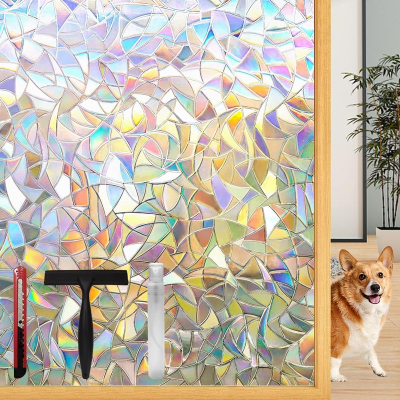 Lovepea Rainbow Window Privacy Film with Installation Tools, 3D Decorative, Stained Glass Decals, Removable, Peep-Proof, Static Cling, Heat Control, UV Protection (17.5 x 78.7 Inch) - Image 1