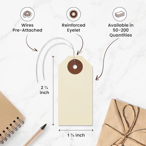 VHC Brands Blank Manila Shipping Tags with Pre-Attached Wire Hangers, Set of 100, Size #1, 9pt Paper Cardstock Hang Tag Label with Reinforced Eyelets, 2 3/4" x1 3/8" - Image 2