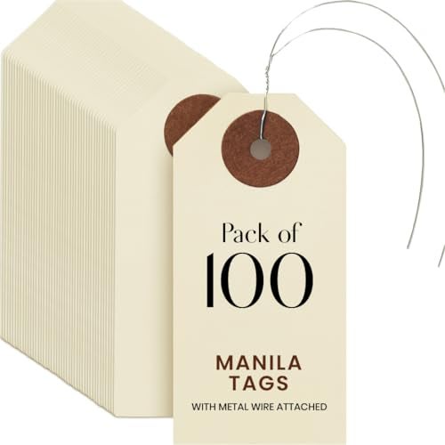 VHC Brands Blank Manila Shipping Tags with Pre-Attached Wire Hangers, Set of 100, Size #1, 9pt Paper Cardstock Hang Tag Label with Reinforced Eyelets, 2 3/4" x1 3/8" - Image 1