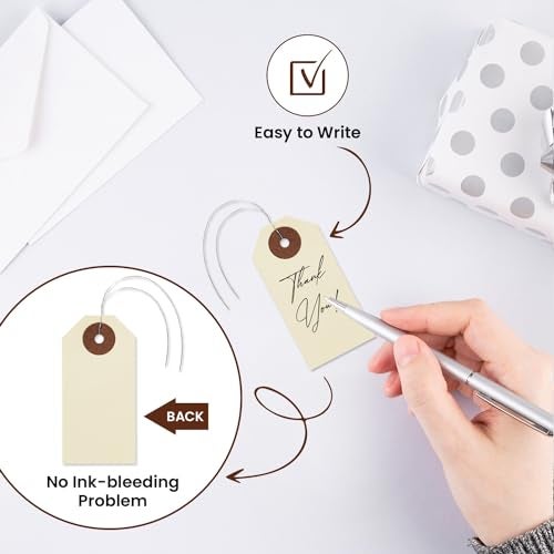 VHC Brands Blank Manila Shipping Tags with Pre-Attached Wire Hangers, Set of 100, Size #1, 9pt Paper Cardstock Hang Tag Label with Reinforced Eyelets, 2 3/4" x1 3/8" - Image 3
