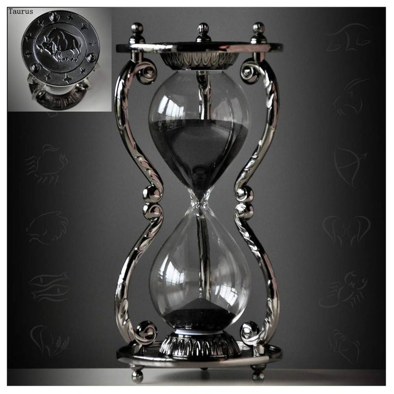 LeDiYouGou Black Antique Decorative Hourglass Sand Timer  30 Minute Unique Vintage 12 Constellations Metal Art Hour Glass for Office Desk Home Decor  Birthday GiftTaurus 