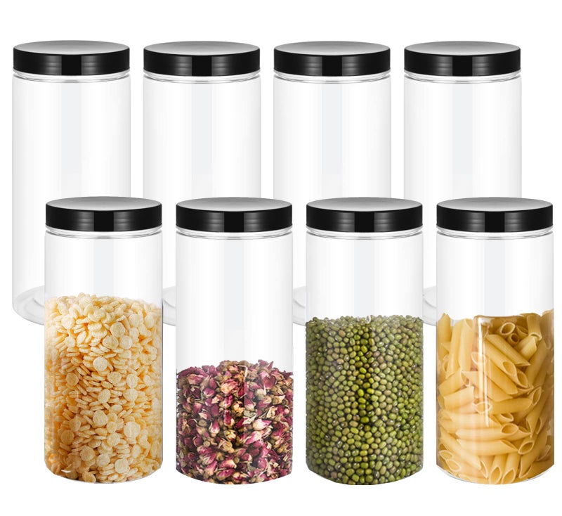 Lawei 8 Pack 34 oz Clear Plastic Jars with Black Lids - Plastic Food Storage Jars for Kitchen & Household Storage of Dry Goods, Nuts, Cookie and more - Image 1
