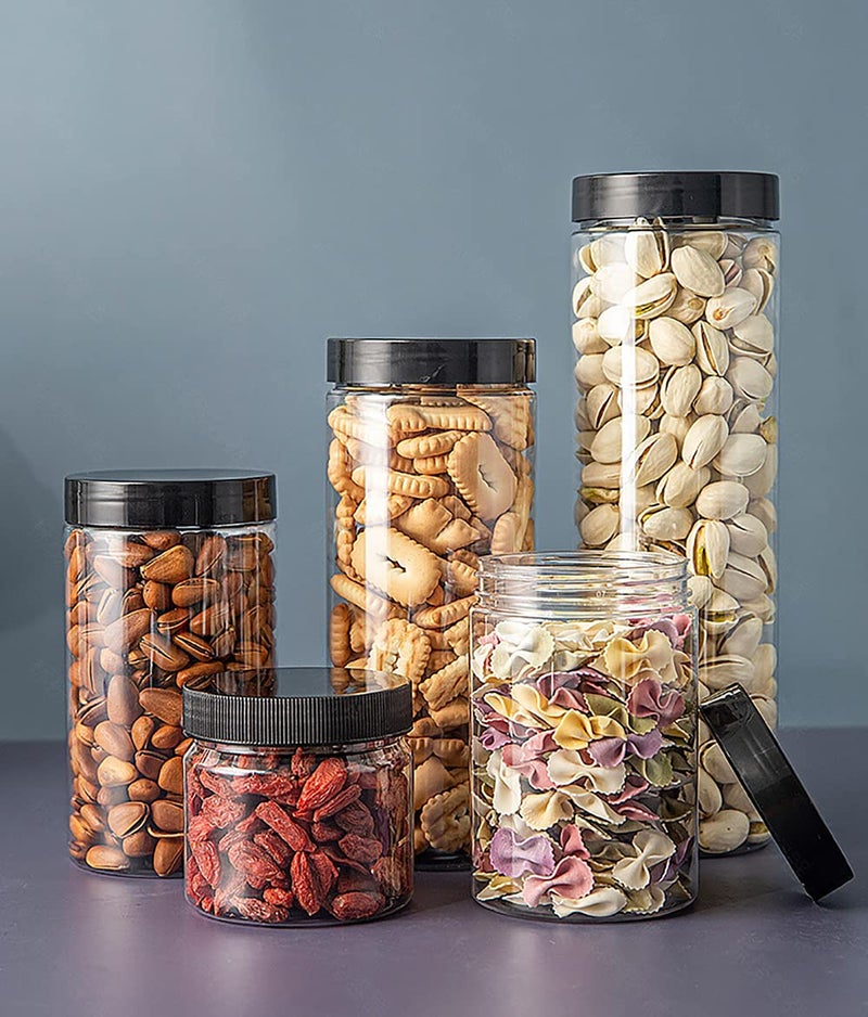 Lawei 8 Pack 34 oz Clear Plastic Jars with Black Lids - Plastic Food Storage Jars for Kitchen & Household Storage of Dry Goods, Nuts, Cookie and more - Image 4