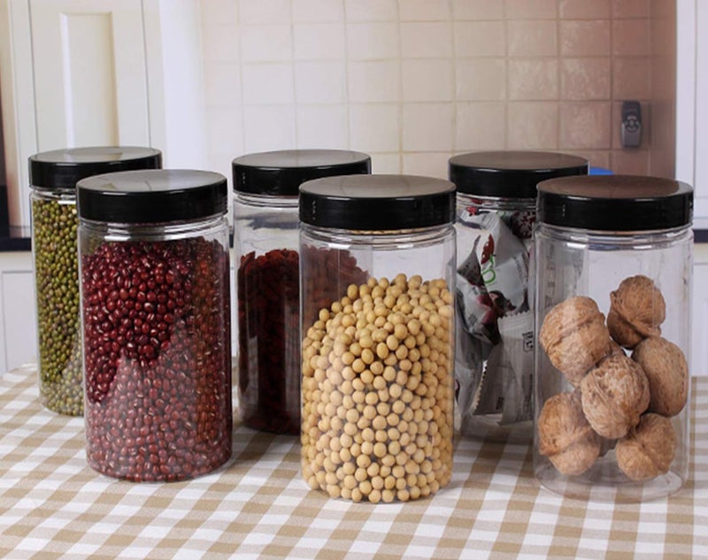 Lawei 8 Pack 34 oz Clear Plastic Jars with Black Lids - Plastic Food Storage Jars for Kitchen & Household Storage of Dry Goods, Nuts, Cookie and more - Image 5