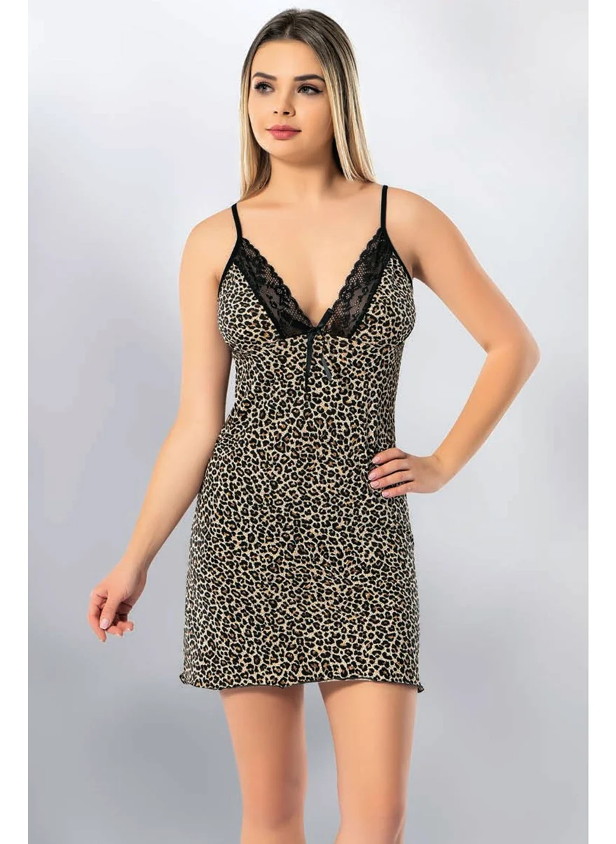 Hepsine Rakip Rivaling All Women's Leopard Nightgown Rope Strap Cotton Mini Nightgown