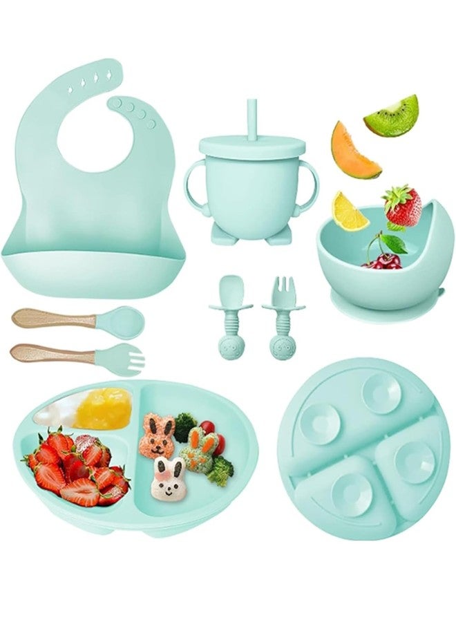 Richtots Premium Silicone Baby Feeding Set, Complete 8-Piece Baby Led Weaning Set | Baby Feeding Product,Suction Plate, Bowl,Cup, 2 Spoon, 2 Fork and Bib for Baby Sky Blue (Mint Blue) - Image 1