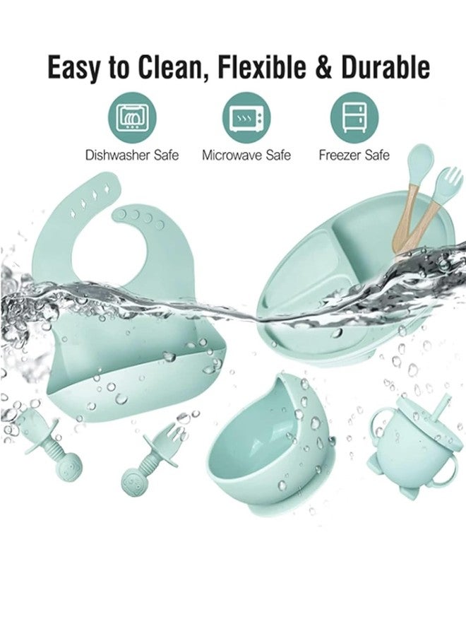 Richtots Premium Silicone Baby Feeding Set, Complete 8-Piece Baby Led Weaning Set | Baby Feeding Product,Suction Plate, Bowl,Cup, 2 Spoon, 2 Fork and Bib for Baby Sky Blue (Mint Blue) - Image 5