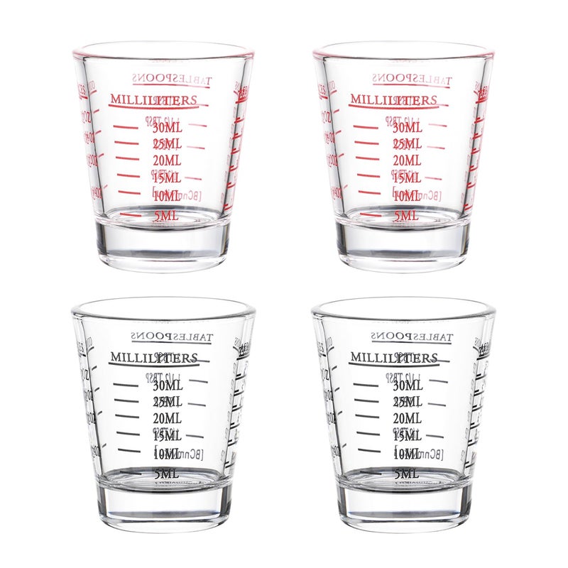 BCnmviku Shot Glasses Measuring cup Espresso Shot Glass Liquid Heavy Glass Wine Glass 26-Incremental Measurement 1oz, 6 Tsp, 2 Tbs, 30ml By BCnmviku (2 pack-Black + 2 pack-Red) - Image 1