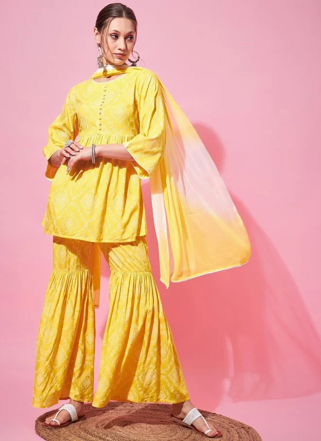 اندو ستريت Bandhani Printed A-Line Kurti with Sharara & Dupatta for Women