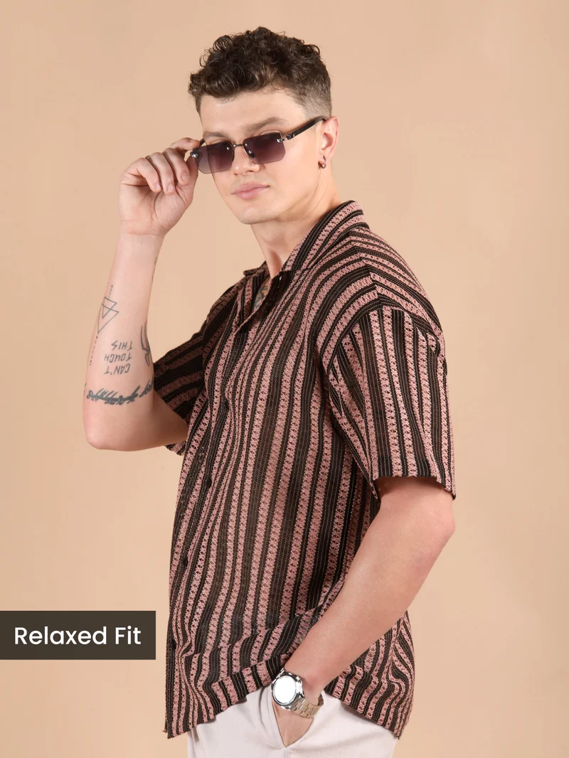 بيونغ قميص نصف كم كروشيه مخطط بنفسجي