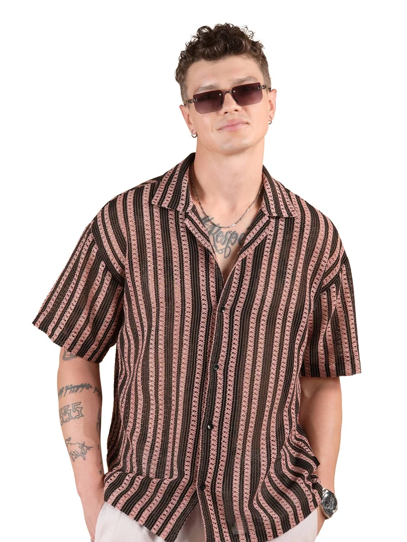 بيونغ قميص نصف كم كروشيه مخطط بنفسجي