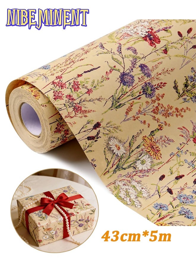 NIBEMINENT 1 Roll of Wild Flower Wrapping Paper (43 cm x 5 m), Kraft Floral Design Wrapping Paper for Women Girls Gifts, Birthdays, Weddings, Bridal Shower and Engagement - Image 1