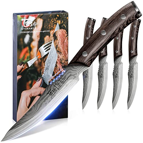 SYOKAMI Steak Knives Set of 4, 4.8 Inch Quality Japanese Style Smooth Edge Meat Knife with Wood Handle, Damascus Pattern Full Tang Design, Ultra Sharp Dinner Knives with Exquisite Box, Kitchen Gifts - Image 1