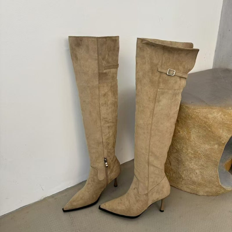 Pointed High-Heeled Heap Boots Vintage Suede Thin Over-The-Knee Two-Wearing Knight Boots Women - Image 4