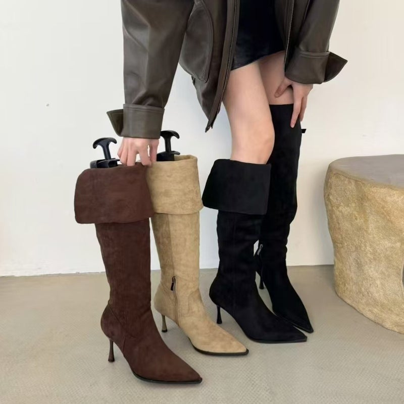 Pointed High-Heeled Heap Boots Vintage Suede Thin Over-The-Knee Two-Wearing Knight Boots Women - Image 3