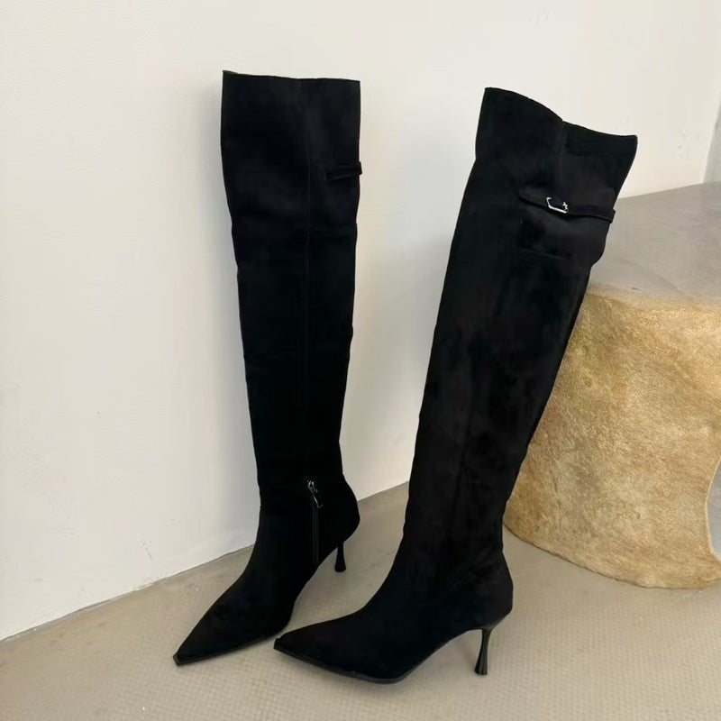 Pointed High-Heeled Heap Boots Vintage Suede Thin Over-The-Knee Two-Wearing Knight Boots Women - Image 1