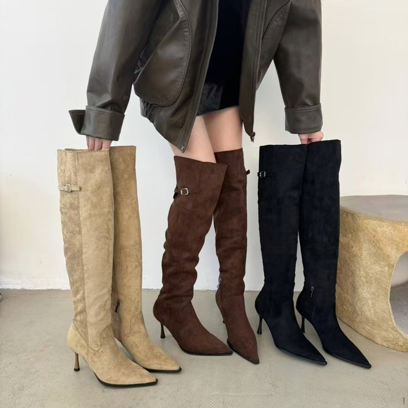 Pointed High-Heeled Heap Boots Vintage Suede Thin Over-The-Knee Two-Wearing Knight Boots Women - Image 2