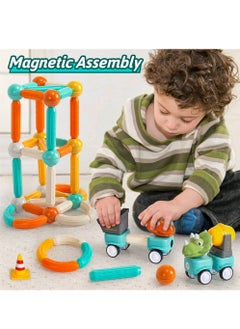 SYOSI Magnetic Building Blocks Dinosaur Car Toys, 84PCS Toddlers Construction Truck Excavator Toys, STEM Preschool Magnet Toys, Creative Educational Building Toys for 3+ Kids Toddler Birthday Gift  - Image 2